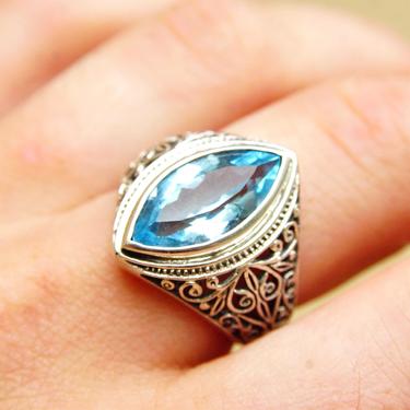 Vintage Ornate Sterling Silver Light Blue Gemstone Ring, Marquise-Cut, Intricate Wire Design, Graduated Silver Band, Size 9 1/4 US 