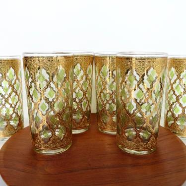 Set of 6 Culver Valencia Highball Glasses, Vintage Culver Green And Gold Cocktail Barware, 22k Hollywood Regency 