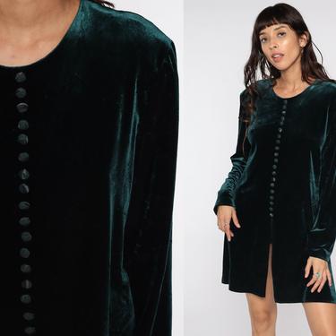 Green VELVET Shirt 90s Longline High Slit Blouse Mini Dress Goth Velvet Button Up Top 1990s Vintage Long Sleeve Glam Party Extra Large xl 