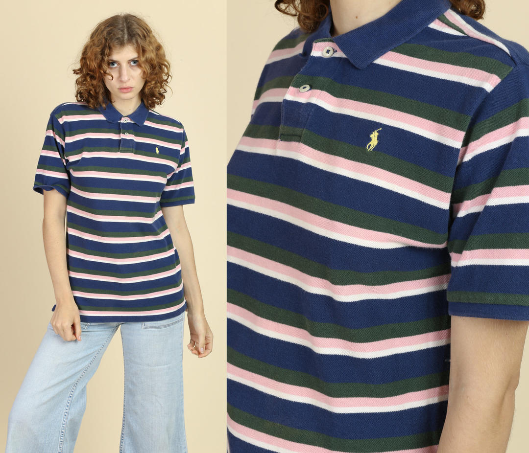 90s Ralph Lauren Striped Polo Shirt - Large | Vintage Button