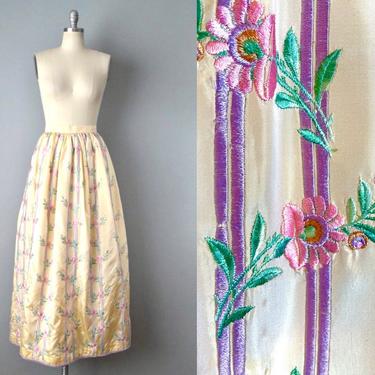 1980s Oscar de la Renta Ball Skirt / Embroidered Silk Taffeta Maxi Skirt / Designer Vintage / Size Large Size Medium 