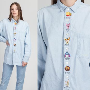 90s Winnie The Pooh Chambray Shirt - Men's XL | Vintage Unisex Embroidered Button Up Long Sleeve Collared Top 