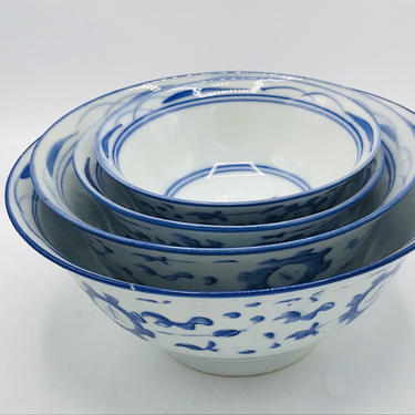 Vintage Nesting Rice Bowl Set of 4  Blue and White with hand painted floral design- Chip Free 