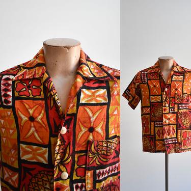 1960s Red & Orange Hawaiian Button Down Shirt 