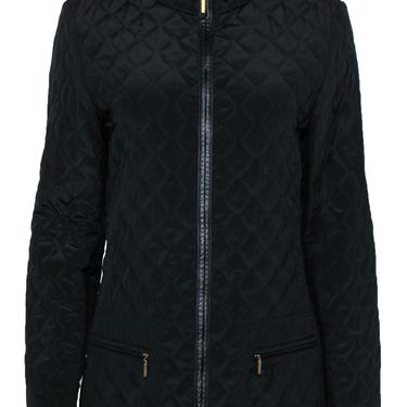Dana Buchman - Black Quilted Zip-Up Jacket w/ Leather Trim &amp; Leopard Print Lining Sz S