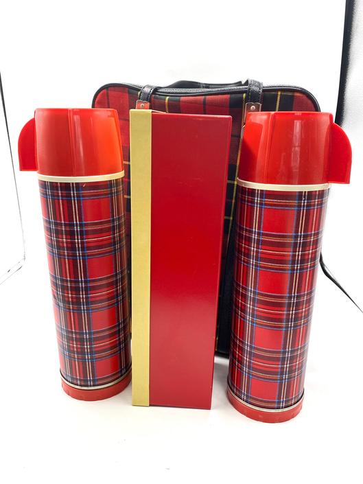 Thermos Red Plaid Retro Picnic Bag 2 Thermos, Sandwich Box Vintage