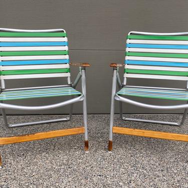 Set of 2 Vintage Telescope Vinyl Straps Aluminum Frame Folding Lawn Chairs 