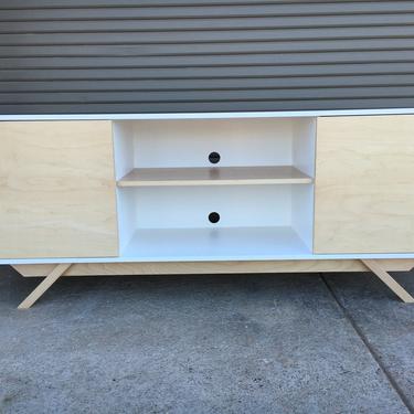 NEW Hand Built Mid Century Inspired TV Stand. White & Maple 2 door with center shelf and angled leg base. Buffet / Credenza ~ Free Shipping 