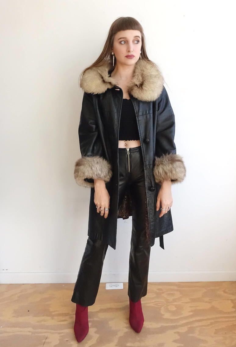 Vintage 60s Leather and Fur Coat/ Penny Lane Jacket/ 1960s 