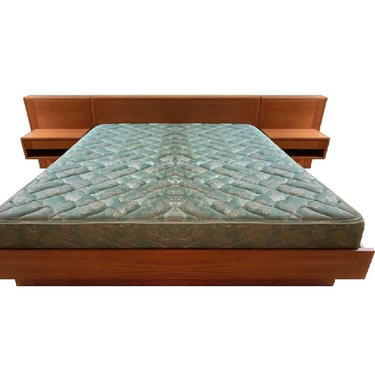Mid Century Danish Modern Teak Queen Platform Bed Floating Nightstands  (PureVintageNYC) 