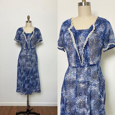 Vintage 1940s Dress 40s Cotton Floral Sheer Blue and White 