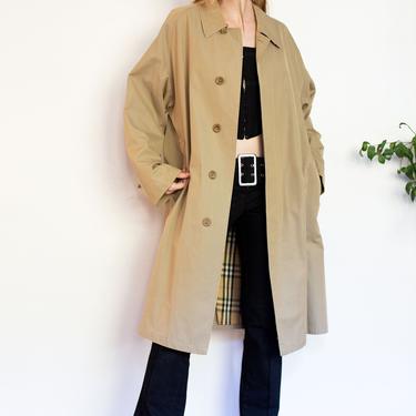 BURBERRY LONDON Vintage Classic Taupe + Nova Check Lined Slouchy Trench Coat Haymarket Jacket Burberry's Plaid 80s 90s Tan L XL 