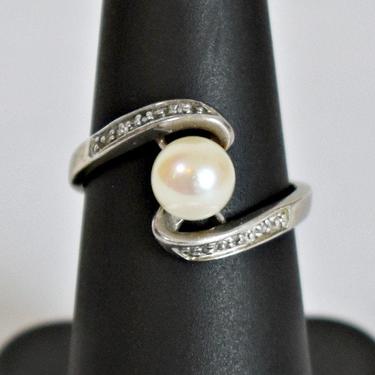 80's cultured pearl diamonds sterling alternative engagement ring, elegant 925 silver diamonds pearl princess bride swirl band, size 7 China 