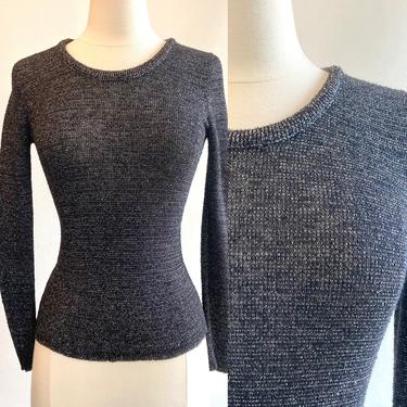 Sexy 70s Vintage Fitted SILVER METALLIC  KNIT Cling Sweater 