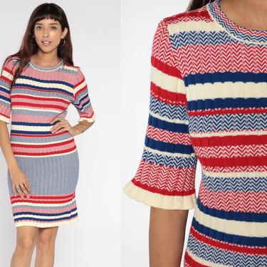 Bodycon Sweater Dress Y2K Cream Red Striped Dress Boho Knit Midi Dress 00s Short Sleeve 2000s Blue Vintage Body Con Ribbed Acrylic Medium 