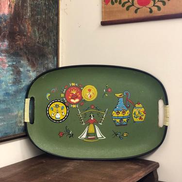 Vintage MCM Green Brass Decorated Tray Painted Details Knitting Patterns Home Decor Table mid century modern retro 