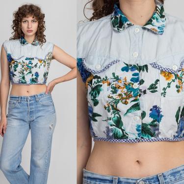 90s Floral Chambray Grunge Crop Top - Medium | Vintage Boho Gingham Trim Button Up Sleeveless Shirt 