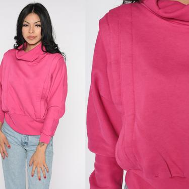 80s Sweatshirt Hot Pink Cowl Neck Sweatshirt Plain Long Sleeve Shirt Slouchy 1980s Vintage Sweat Shirt Medium 