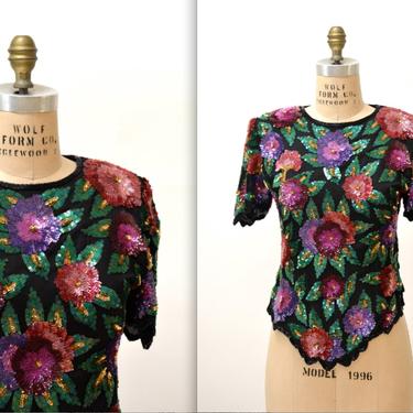 80s 90s Vintage Flower Sequin Shirt Size Large with Flowers// Vintage Sequin Beaded Top Size Medium by Laurence Kazar Flapper Inspired 