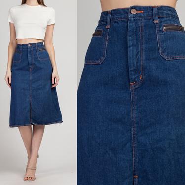 70s Denim A Line Skirt - Extra Small | Vintage Dark Wash Boho Jean Midi Skirt 