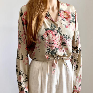 90s floral silk tie waist blouse 