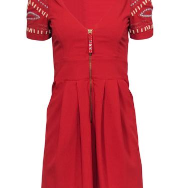 Alice Temperley - Red &quot;Ghana&quot; Sheath Dress w/ Beaded &amp; Jeweled Puff Sleeves Sz 4