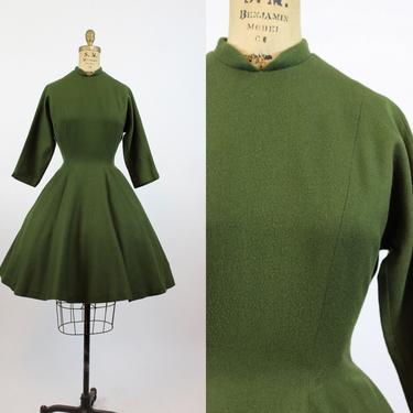 1950s OLIVE wool fit and flare dress medium | new winter 