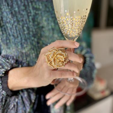 Dazzling Golden &amp; Crystal Flower Cocktail Ring