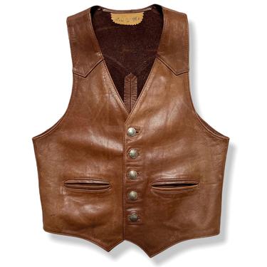 Vintage 1960s/1970s &amp;quot;Lew n Me&amp;quot; Leather Western Vest ~ fits size 36 to 38 (Small) ~ Biker / Motorcycle ~  Buffalo Nickel Buttons 