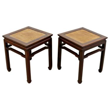 Mid Century Modern Pair Sculptural Oriental Wood & Cane Side End Tables 