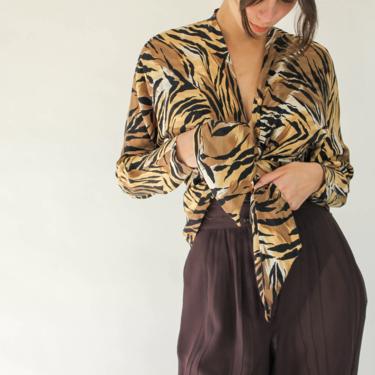Vintage 80s Francesca of Damon for Starington Zebra Print Silk Cropped Wrap Blouse | 100% Silk | 1980s Designer Boho Kimono Silk Wrap Top 