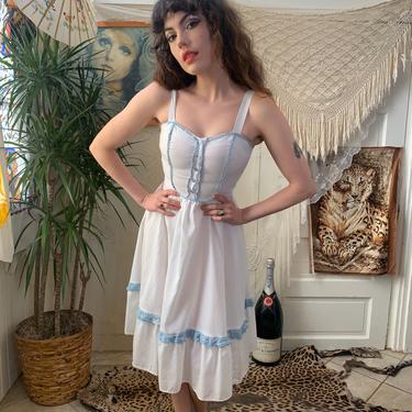 70’s SUMMER ROMANCE DRESS - white and blue trim - fitted bodice - x- small 