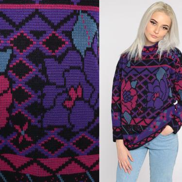 80s Floral Sweater Purple Geometric Pink Slouchy Sweater Abstract 1980s Mock Neck Pullover Vintage Acrylic Knit Sweater Medium 
