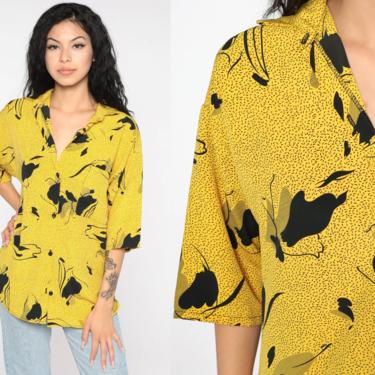 Abstract Floral Shirt 80s Button Up Shirt Yellow Slouchy Blouse Half Button Polo Top Vintage Short Sleeve Blouse 1980s Medium 