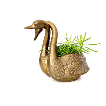 Vintage Heavyweight Brass Double Entwined Swans Planter 