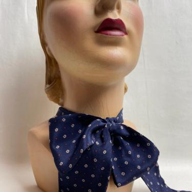 Vintage 100% silk micro-print~ blue women’s neck tie/ pussycat bow accessory~ long thin versatile scarf~ 1970’s timeless 