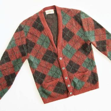 Vintage 1950s Mohair Wool Cardigan M L - 50s Plaid Grandpa Grunge Cardigan - Rust Red Green Holiday Cardigan Sweater 
