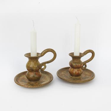 Set of 2 Vintage Speckled Ceramic Candle Stick Holders 