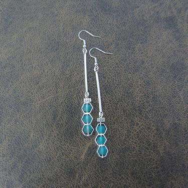 Long sea glass earrings, bohemian beach earrings, bold earrings, boho earrings, blue dangle earrings, geometric hexagon earrings, artisan 