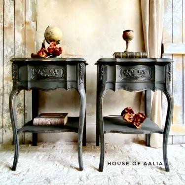 French Provincial Charcoal Gray Vintage Nightstands | Shabby Chic Nightstands | French Country Tables | Cottage Decor 