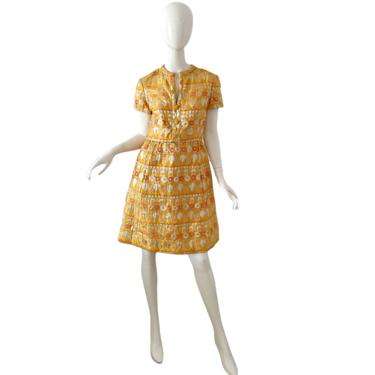 60s Malcolm Starr Dress Vintage Medium, Gold Brocade Metallic Mod Rhinestone Party Dress 