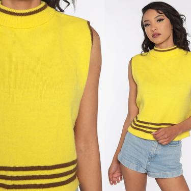 Yellow Knit Tank Top 70s Sleeveless Sweater Vest Mock Neck Shirt Striped Ringer Top Boho Vintage Bohemian Acrylic Knit Plain Medium Large 