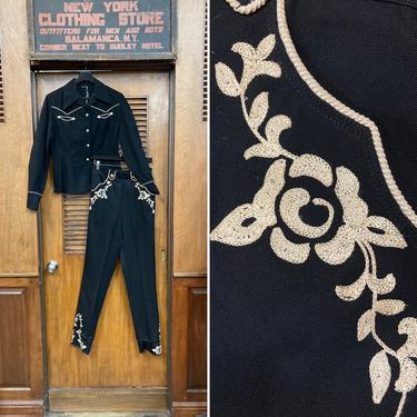 Vintage 1950’s Black &amp; White Western Cowboy Gabardine Rockabilly Shirt Pant Outfit, 1950s, 2 Piece, Pant Suit, Western, Chainstitch, Roses 