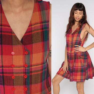 Plaid Jumper Dress 80s Mini Tartan Pinafore V Neck Button Up Dress 1980s Checkered Vintage Drop Waist Preppy School Girl Red Orange Small 