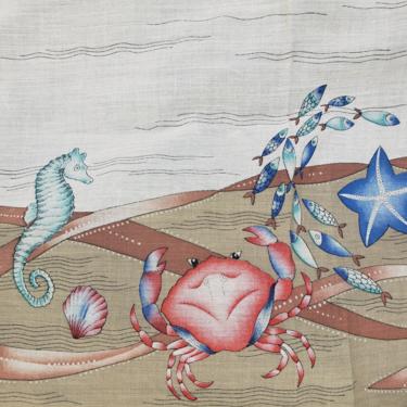 Vintage 1970's Novelty Border Print Fabric / 70s Crab, Seahorse, Ocean Print Fabric 