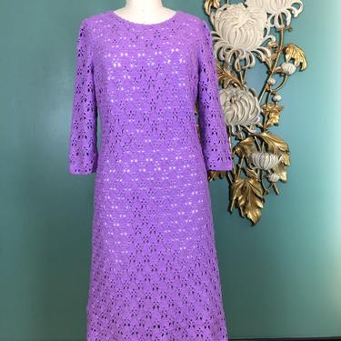 1960s shift dress, lavender knit, vintage 60s dress, crochet dress, size large, mod dress, 3/4 length sleeves, biba style, 38 bust 