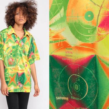 Psychedelic Shirt 90s Shirt Disco Top SATURN Planet Shirt Galaxy Space Y2K Bohemian Shirt Neon Green Acid 1990s Hippie Boho Extra Large xl 