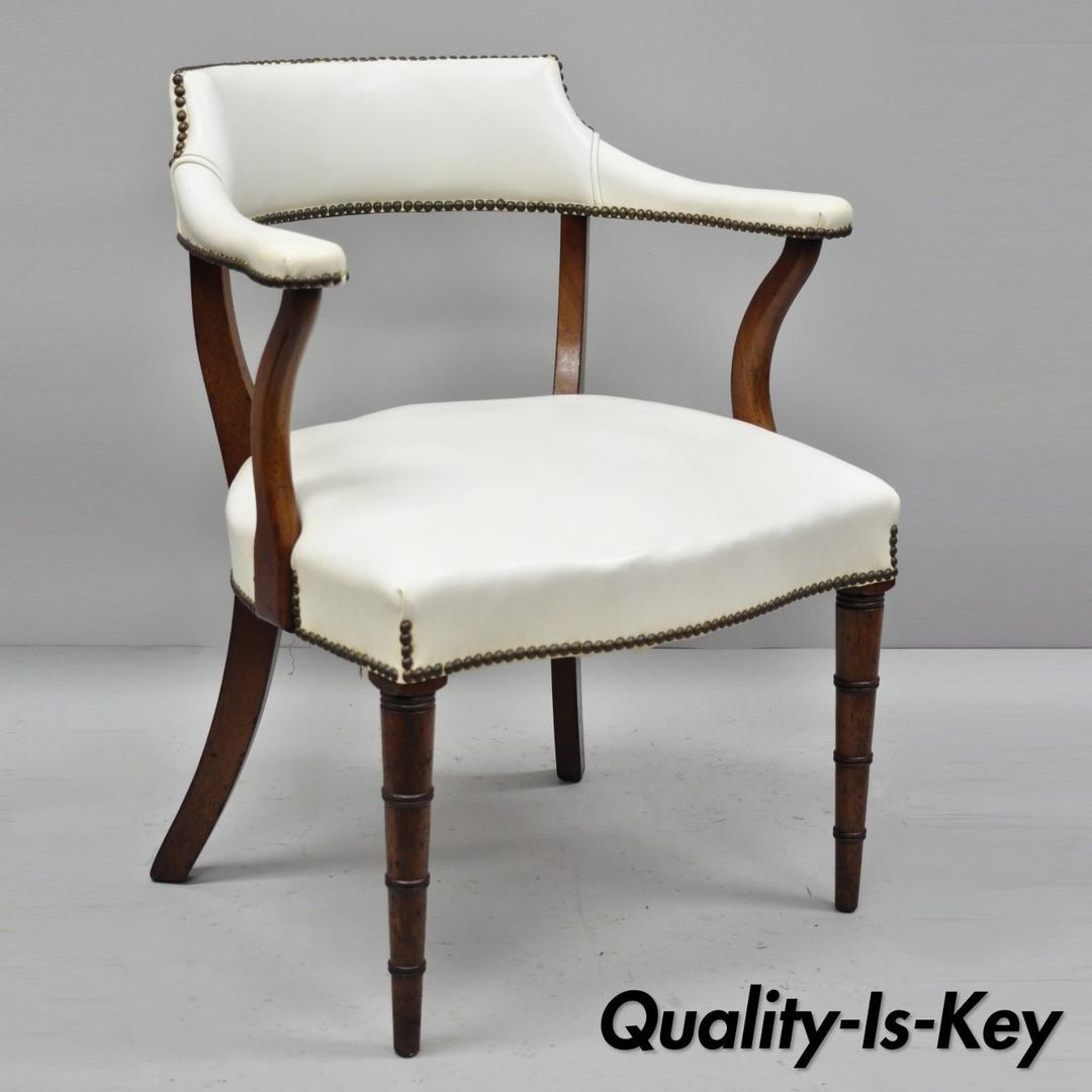 Vintage Mahogany Regency Style Barrel Back Library Chair with Faux