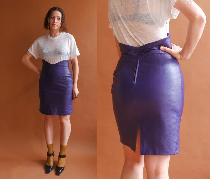 Vintage 80s Purple Leather Skirt 1980s High V Waist Fitted Bottle of Bread Baltimore MD