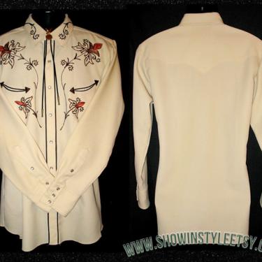 Vintage Unbranded Western Men's Cowboy and Rodeo Shirt, Embroidered Brown &amp; Orange Flowers, Tag Size 16-33, Approx. Large (see meas. photo) 